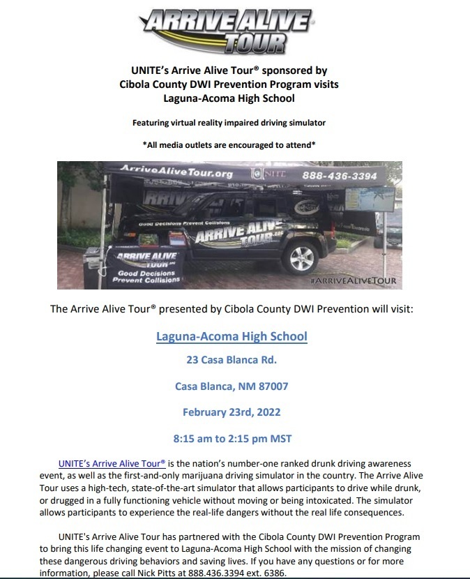 Arrive Alive Tour sponsored by Cibola County DWI Prevention Program visit Laguna Acoma High School