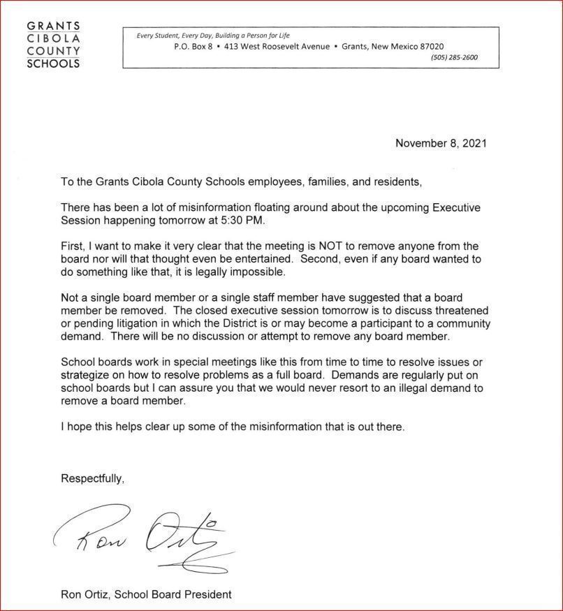 School Board Letter from Ron Ortiz